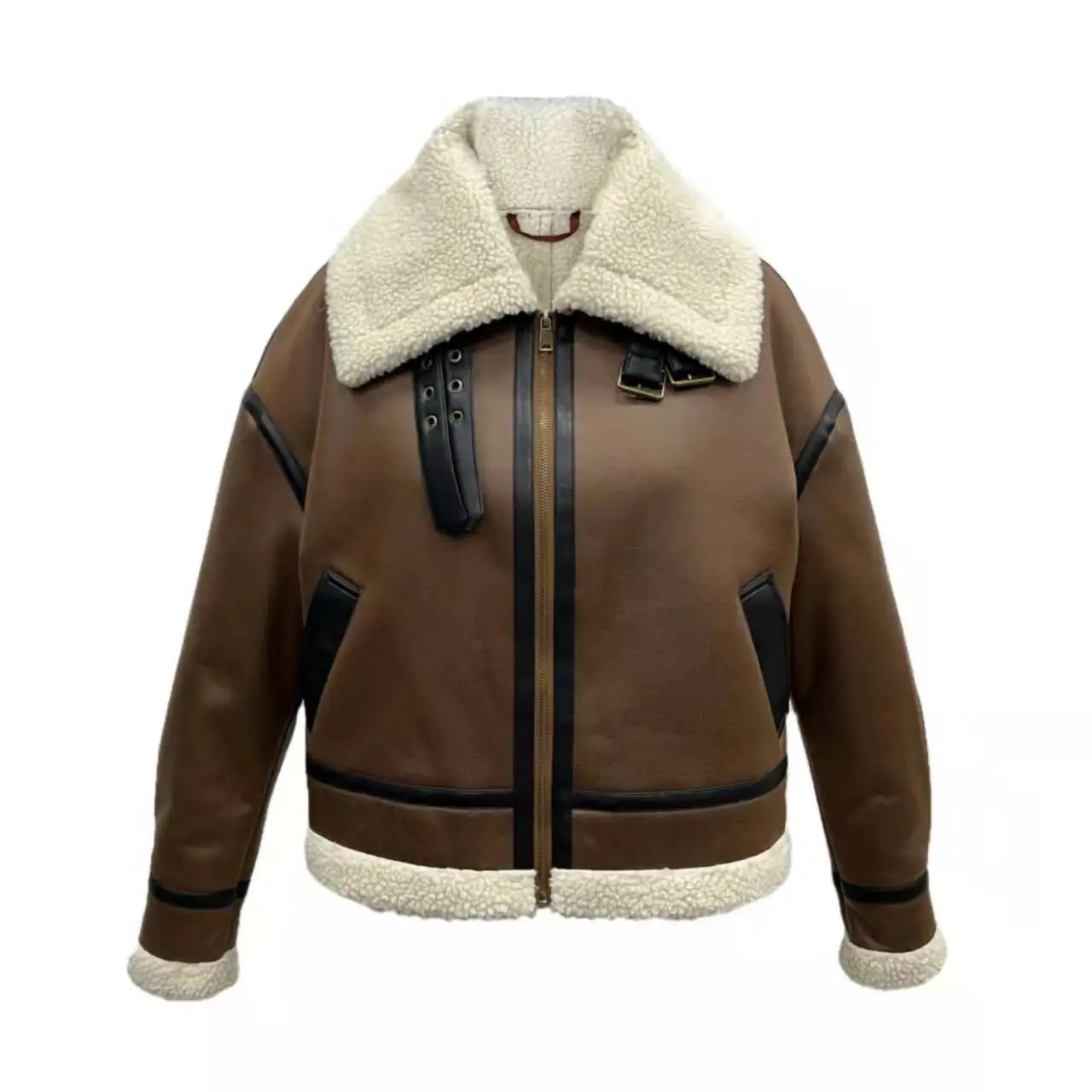 Customization Brown Bonded Suedette Woven Microfiber Winter Women's Pilot Double Face Bomber Jacket with Fur