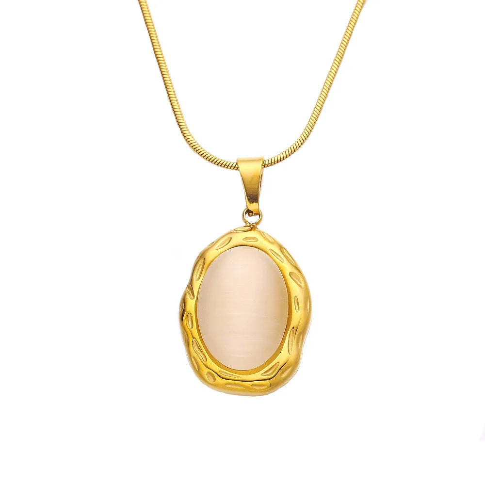 Women's Trendy Waterproof 18K Gold Plated Stainless Steel Jewelry Oval Shape White Cat Eye Opal Stone Pendant Necklace