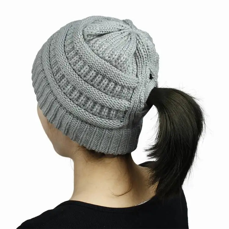 Women's Ribbed Knit Hat Ponytail Beanie Tail Soft Stretch Cable Knit Messy High Bun Hat for Girls Kids