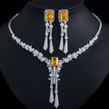 Luxury Yellow Nigeria CZ Crystal Dangle Drop Wedding Earring Necklace with Long Tassel Big Dubai Bridal Jewelry Sets Accessories