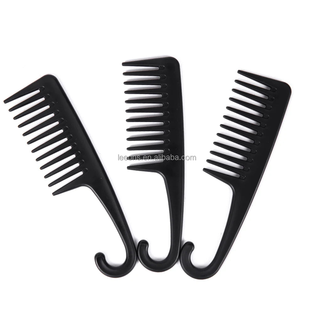 Leeons Private Label Black Plastic Hook Wide Tooth Detangling Smooth Massage Curly Hair Comb with Custom Logo for Home Use