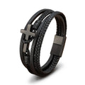 Best Selling Three-Layers Genuine Leather Braided Bracelet Bangle with Stainless Steel Magnetic Clasp Cross Wholesale Customize