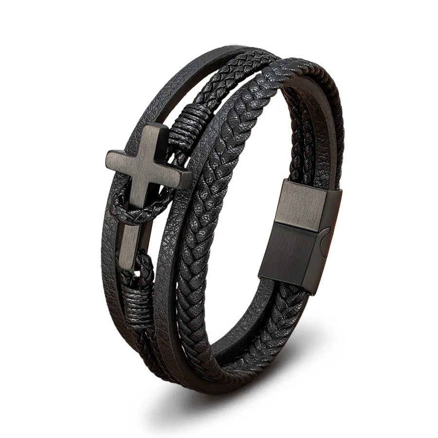 Best Selling Three-Layers Genuine Leather Braided Bracelet Bangle with Stainless Steel Magnetic Clasp Cross Wholesale Customize