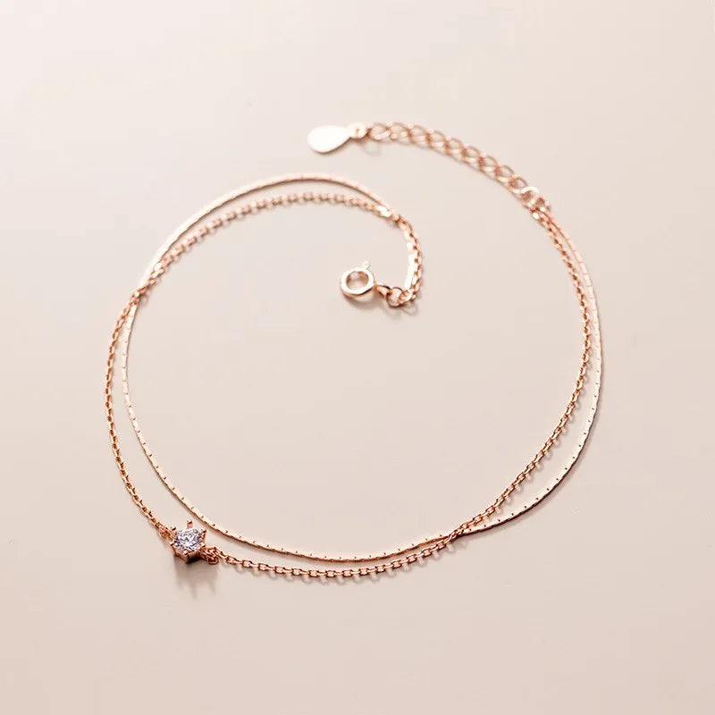 925 Sterling Silver Cubic Zirconia Anklets Bracelets Rose Gold Plated Double Layered Chain Anklet Foot Fine Jewelry for Women