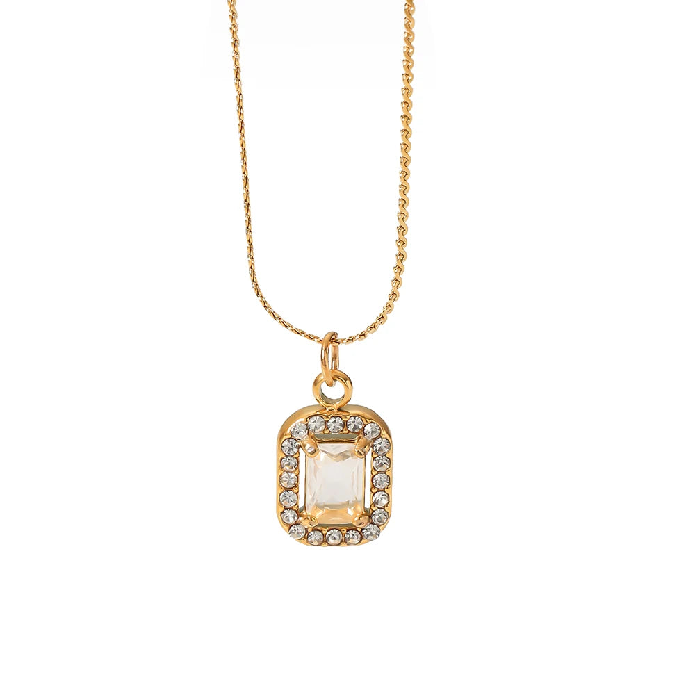 Jewelry Exquisite Personality Micro-set Zirconia Rectangular Pendant 18K Gold Plated Stainless Steel Necklace