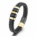 Simple Men Style Bulk Tarnish Free Stainless Steel Engraved Letter Charm Woven Leather Bracelet