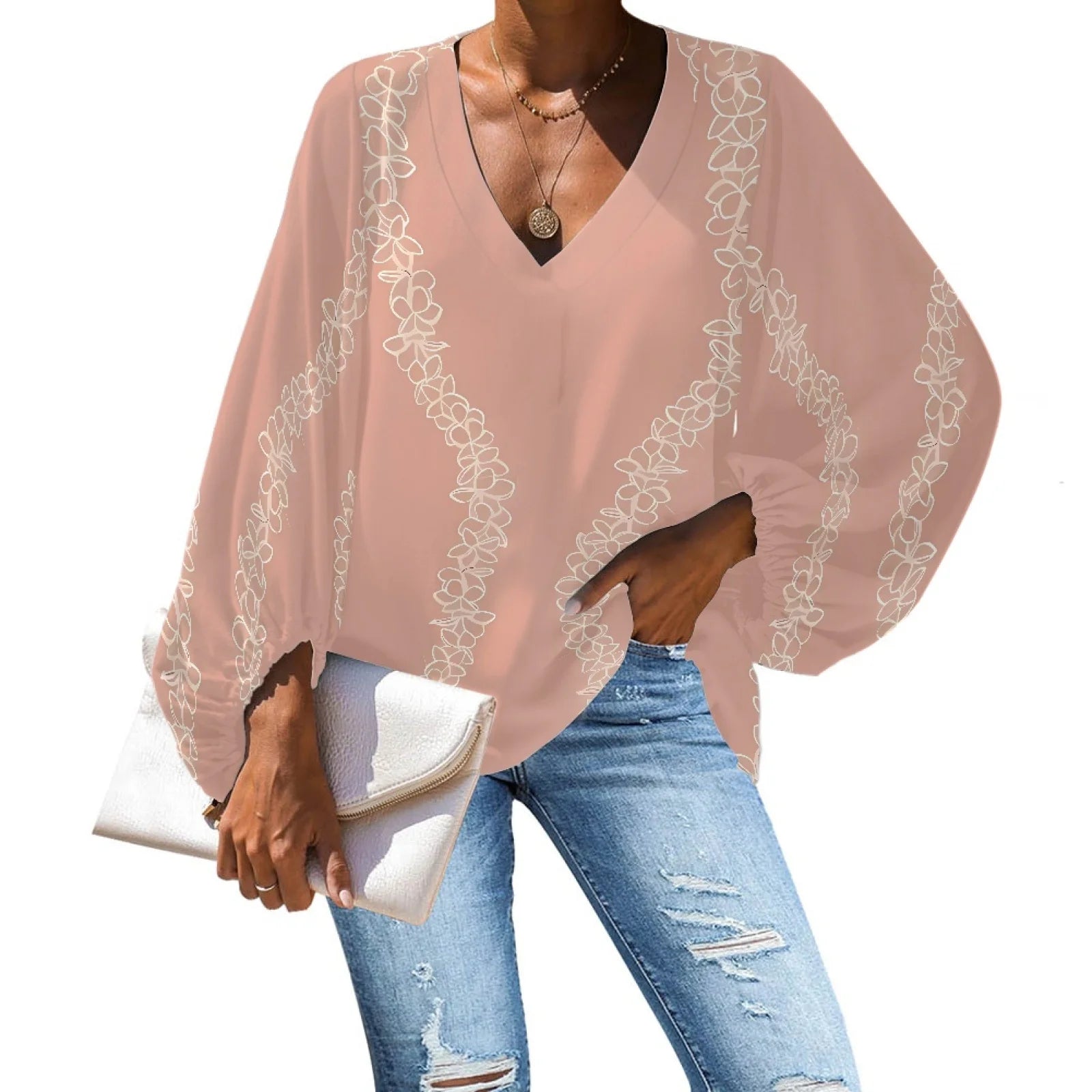 Wholesale Hawaii Floral Print V Neck Blouse Elegant Women Polynesian Tribal Batwing Long Sleeve Printed Blouse for Women 2024
