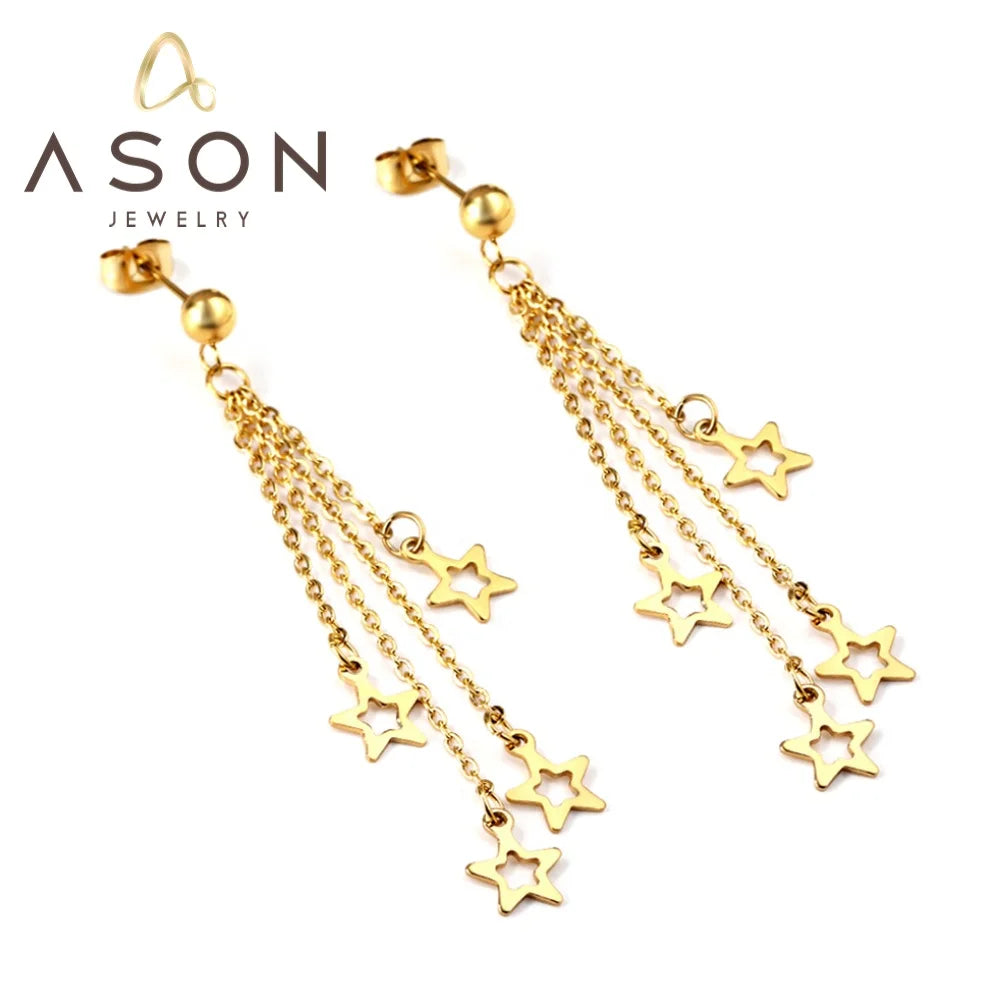 Ason Jewelry Exquisite Stainless Steel 18k Gold-plated Steel Ball Tassel Earrings Hollow Star Chains Drop Earrings