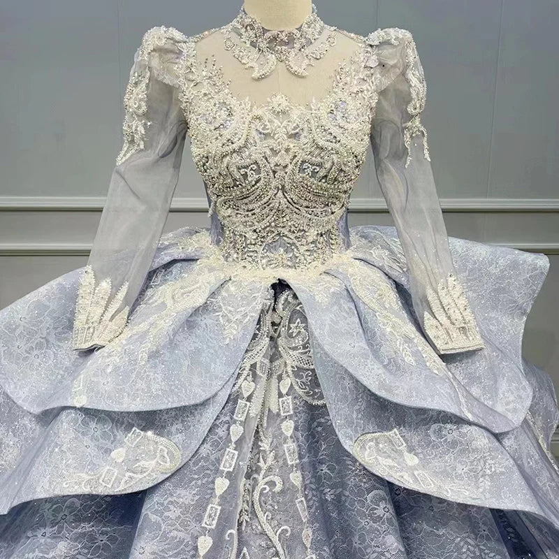 Luxurious Palace Style Heavy Industry Long Sleeve Formal Dresses High Collar White Lace Dress Formal Gowns for Women WN037