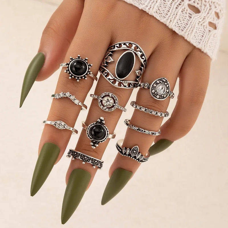 Vintage Black Drip Ring Set 11Pcs /Set Vintage Bohemian Star Joint Ring Sets for Women Hollow Geomtry Ring