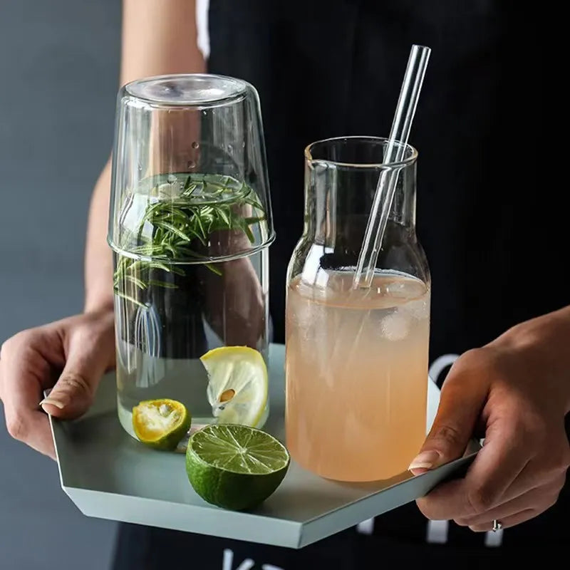 Bedside Water Carafe Set with Tumbler Glass Set Water Pitcher and Cup Clear Glass Mouthwash Bottle for Bathroom
