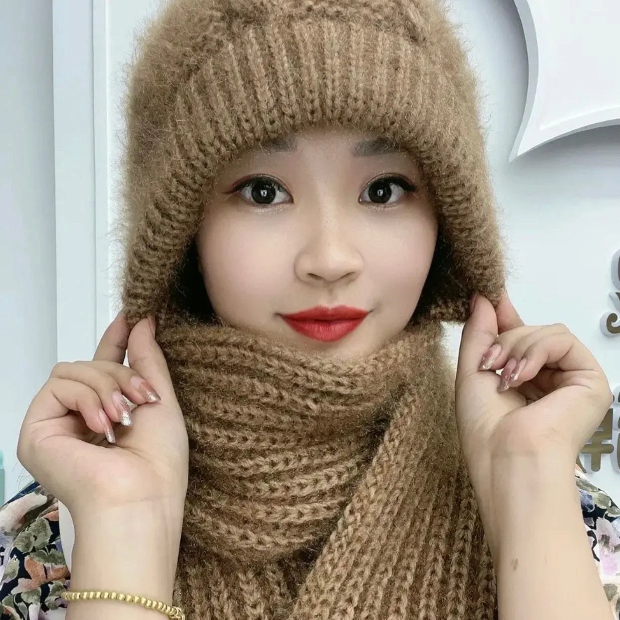 Winter Warm Conjoined Ear Protection Knitted Hat Thick Knitted Knitted Scarves Hat  Bonnet Cap Winter Beanie Hat Scarf