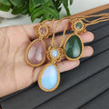 Trendy Teardrop Shaped Amethyst Green Aventurine Gem Macrame Necklace Black Onyx Lapis Lazuli Water Drop Stone Rope Necklace