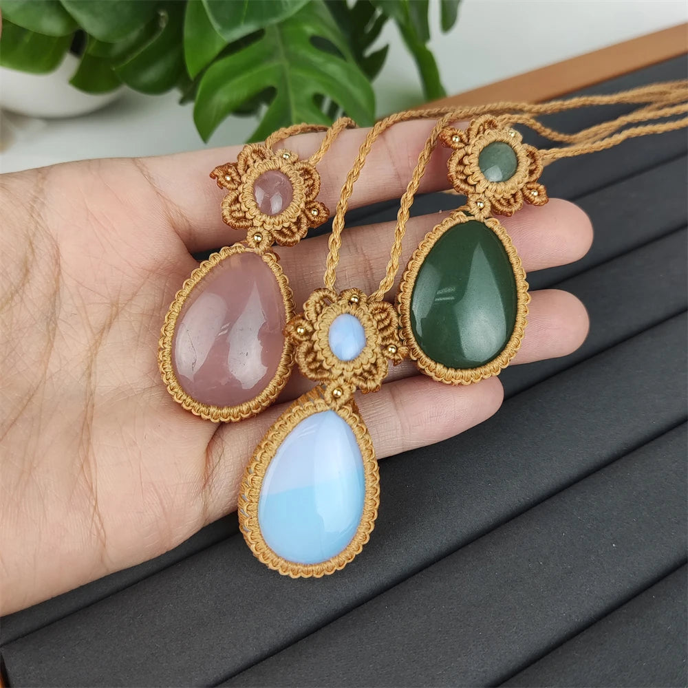Trendy Teardrop Shaped Amethyst Green Aventurine Gem Macrame Necklace Black Onyx Lapis Lazuli Water Drop Stone Rope Necklace
