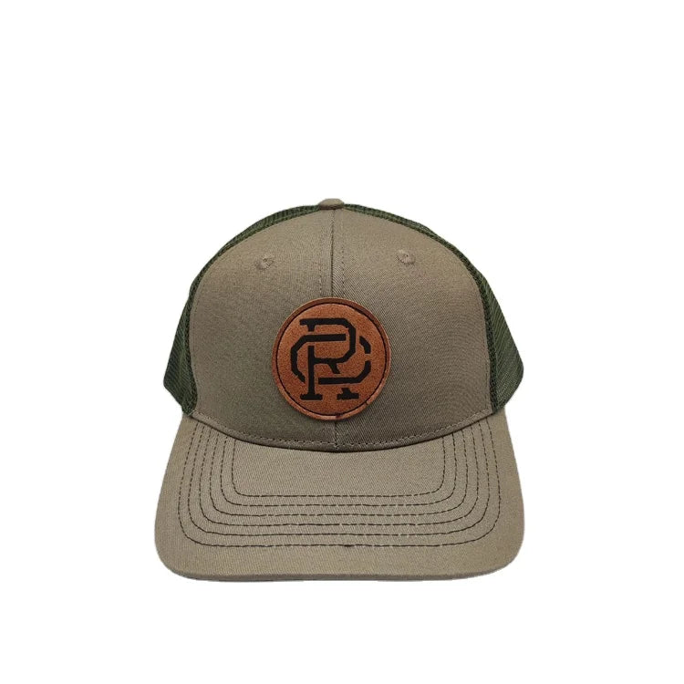 Wholesale Custom Logo Trucker Hat Cap With Leather Patch 6 Panel High Crown Mesh Cap Sport Hat