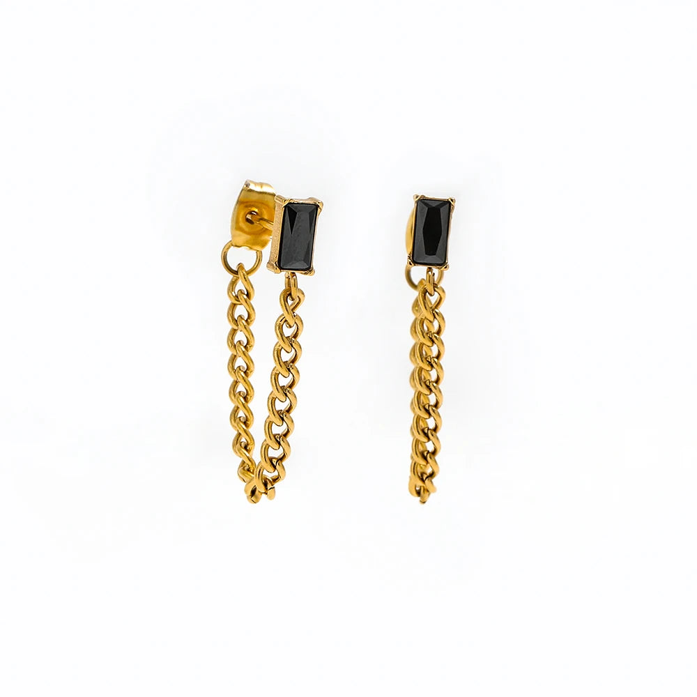 High Quality Non Tarnish Waterproof  Trendy Earring 18K PVD Gold Plated Black Stone Chain Stainless Steel Earrings for Girl