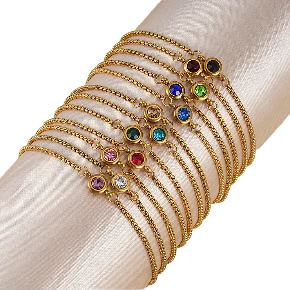 Adjustable Gold-Plated Stainless Steel Diamond Crystal Bracelet Fashion Charm for Birthday Month Birthstone Jewelry