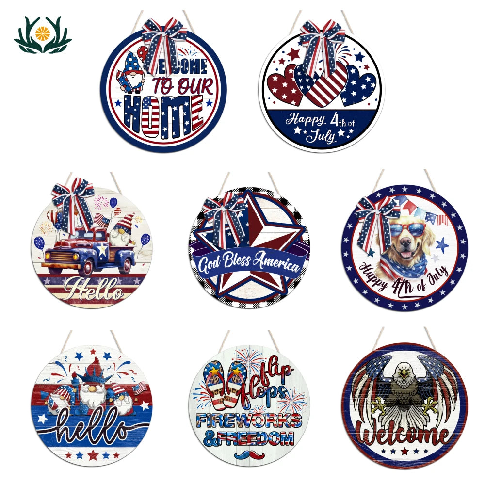 Happy 4th of July America Eagle Independence Day Wreath Decoration Hanging Wooden Sign