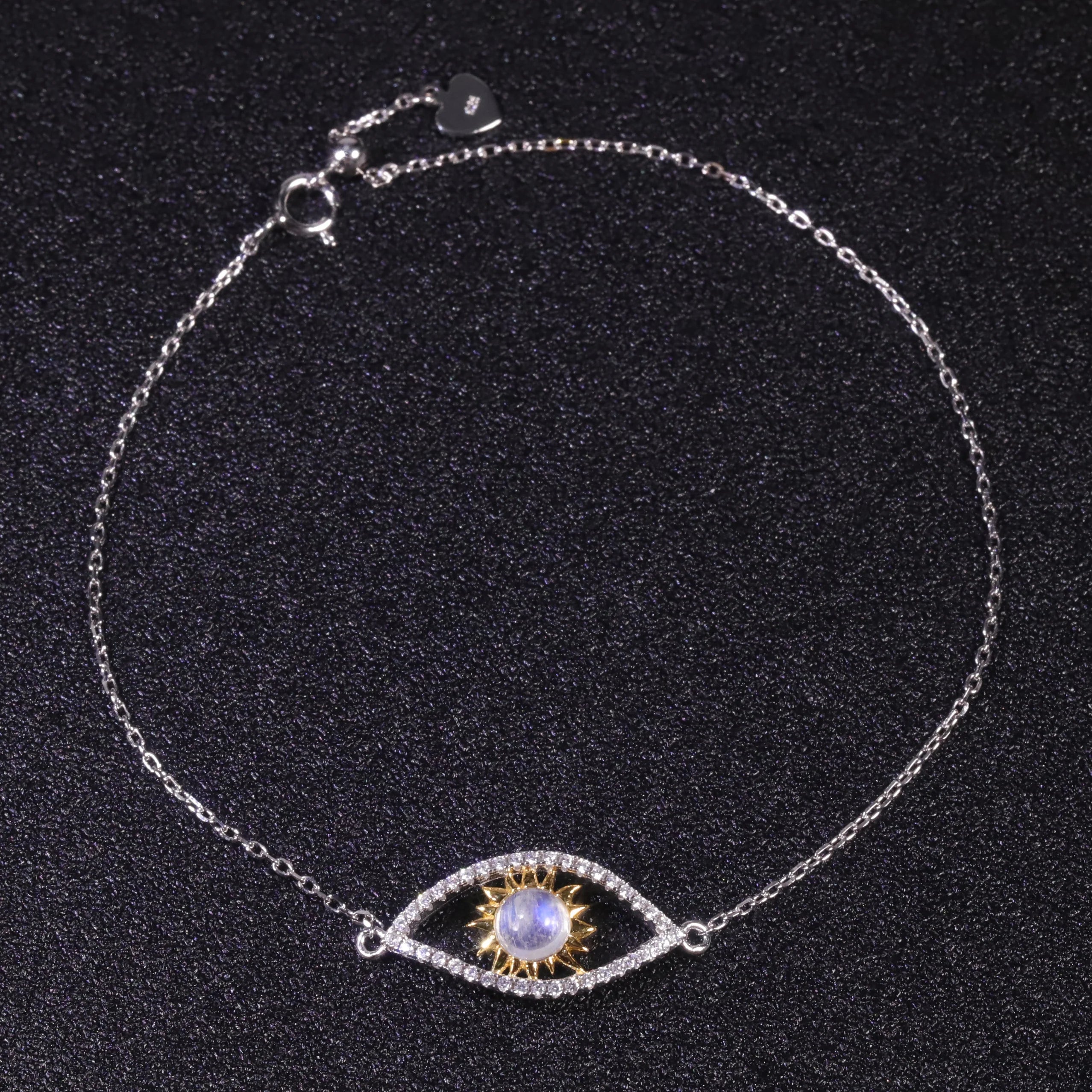 Adjustable Fashionable Hollow Eye Design Bracelet Dainty 925 Sterling Silver Milky Blue Moonstone Eye Charm Link Bracelets