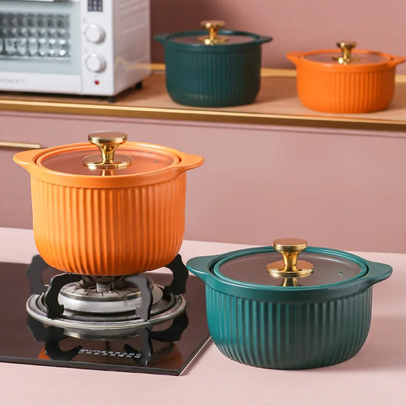 Creative Matte Vertical Grain Ceramic Casserole Domestic Open Fire Gas Cooker Soup Pot Two-eared Stew Pot Soup Casserole