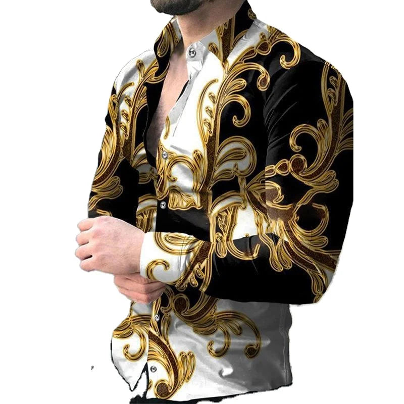 Wholesale Premium Men's New Spring Autumn Breathable Soft Luxury Baroque Gold Scroll Print Long Sleeve Button Down Shirt