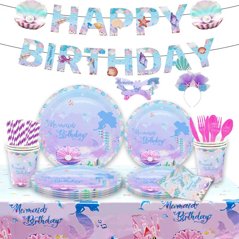 Mermaid Themed Kids Birthday Party Decoration Favors Tableware Set With Tablecloth Banner Paper Plates and Napkins
