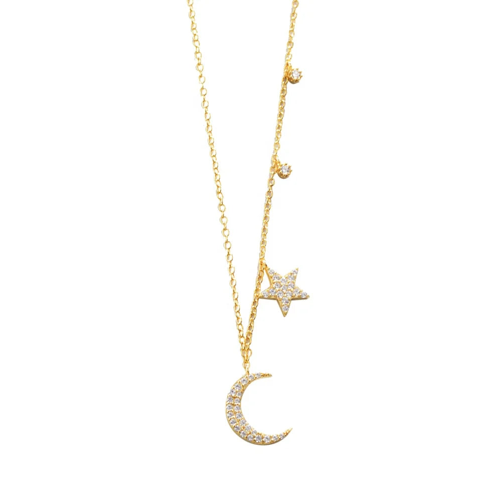 Wholesale 925 Sterling Silver Necklace Women Gold Plated Zircon Star and Moon Pendant Necklaces Jewelry