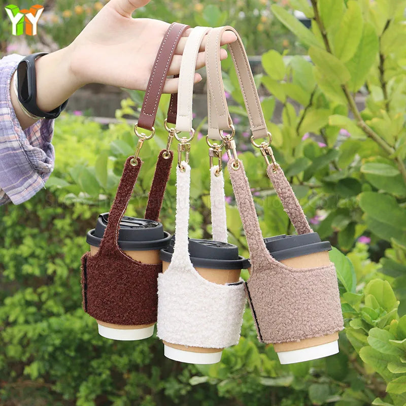 Soft Teddy Velvet Coffee Cup Holder Hand Warmer Portable Tea Cup Cover Carrying Durable Coffee Drink Cup Holder