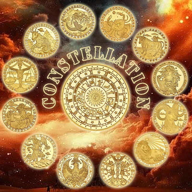 12 Constellations Taurus Aquarius Pisces Aries Taurus Gemini Cancer Gold Plated Collectible Coin