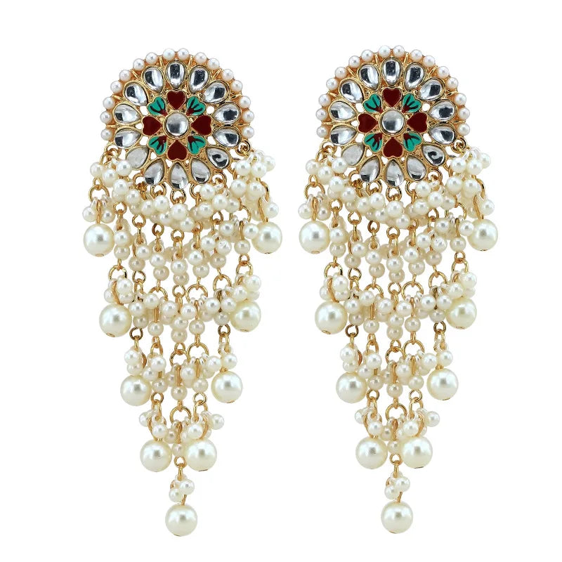 Fashion Lady Statement Jewelry Women Boho Bohemia Jhumka Indian Enamel Dangling Tassel Pearl Stud Earrings for Women