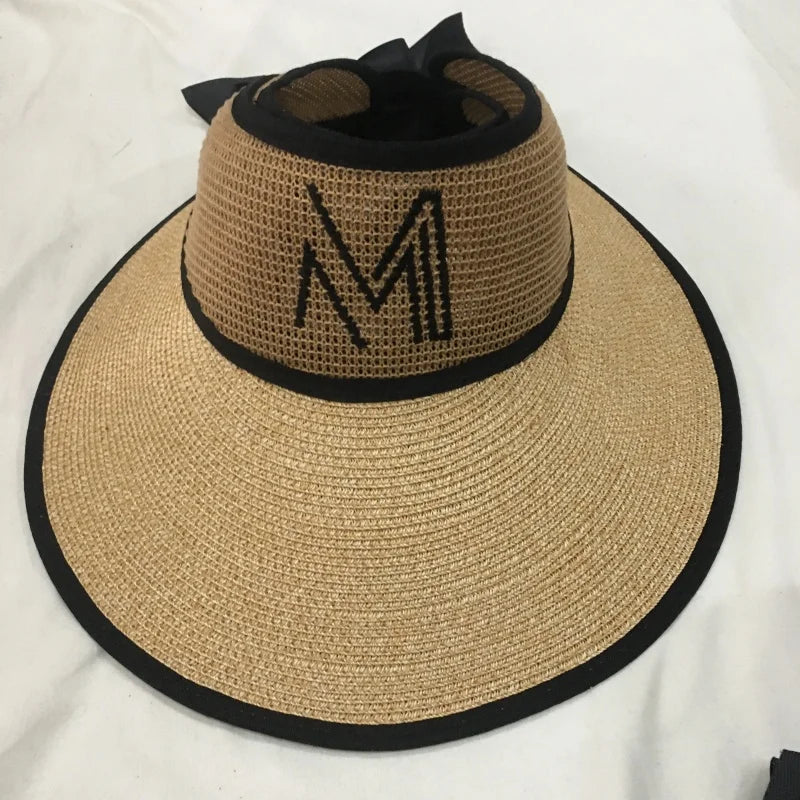 Custom Embroidery logo Lady Beach Straw Visor Back with Bow Big Brim Seaside Straw Hat