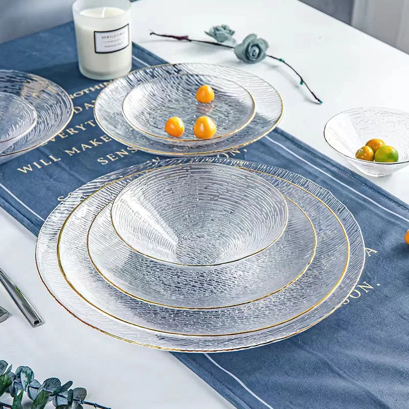 Hot Sale Wedding Decoration Dinnerware Sets Fruit Plate Gold Glass Charger Plates Beaded clear Glass Dinner Plates
