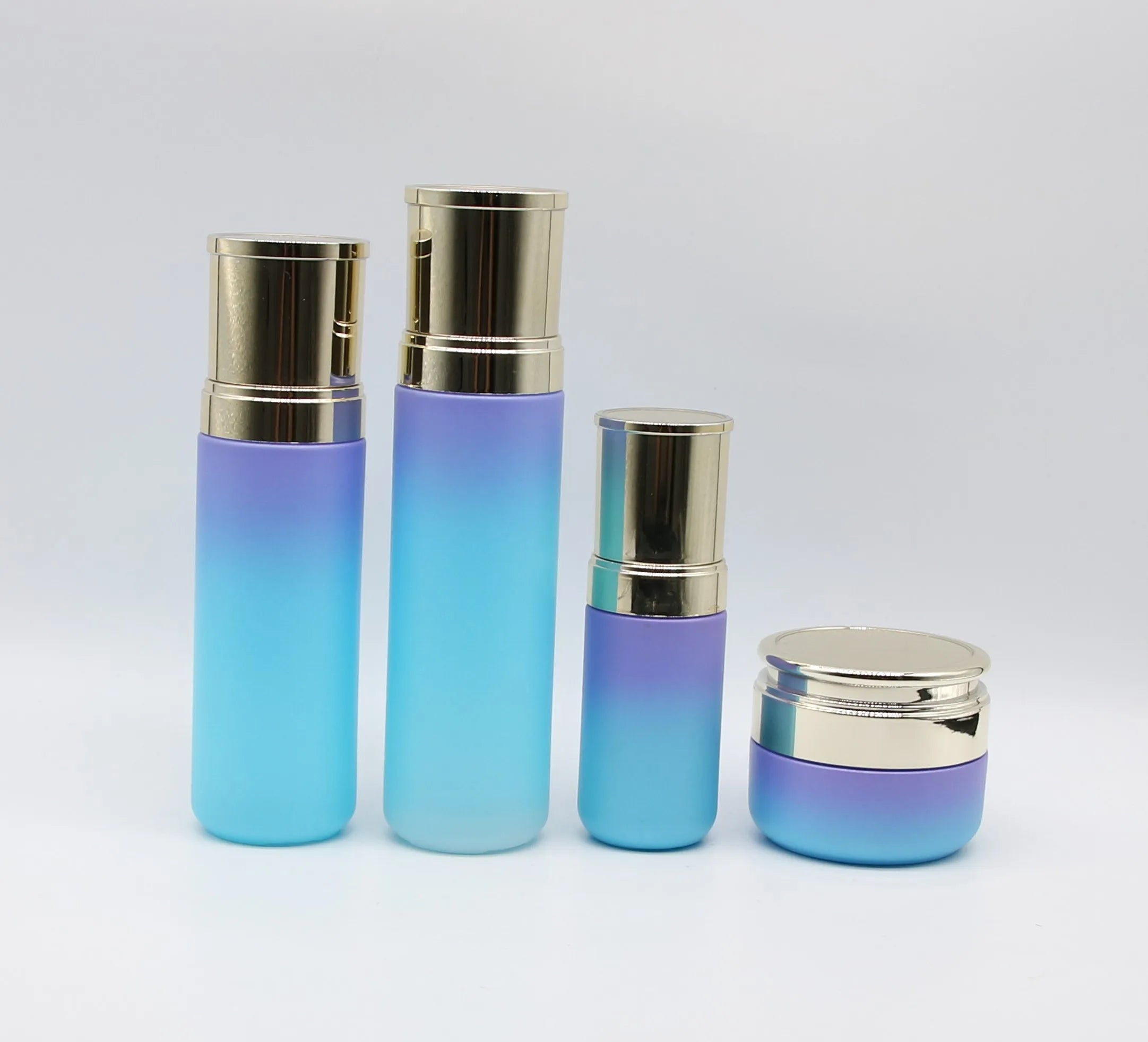 Factory Direct Sale Cosmetic Lotion Cream Bottle Jars Light Blue Color with Gold Metal Cap and Pump Spray