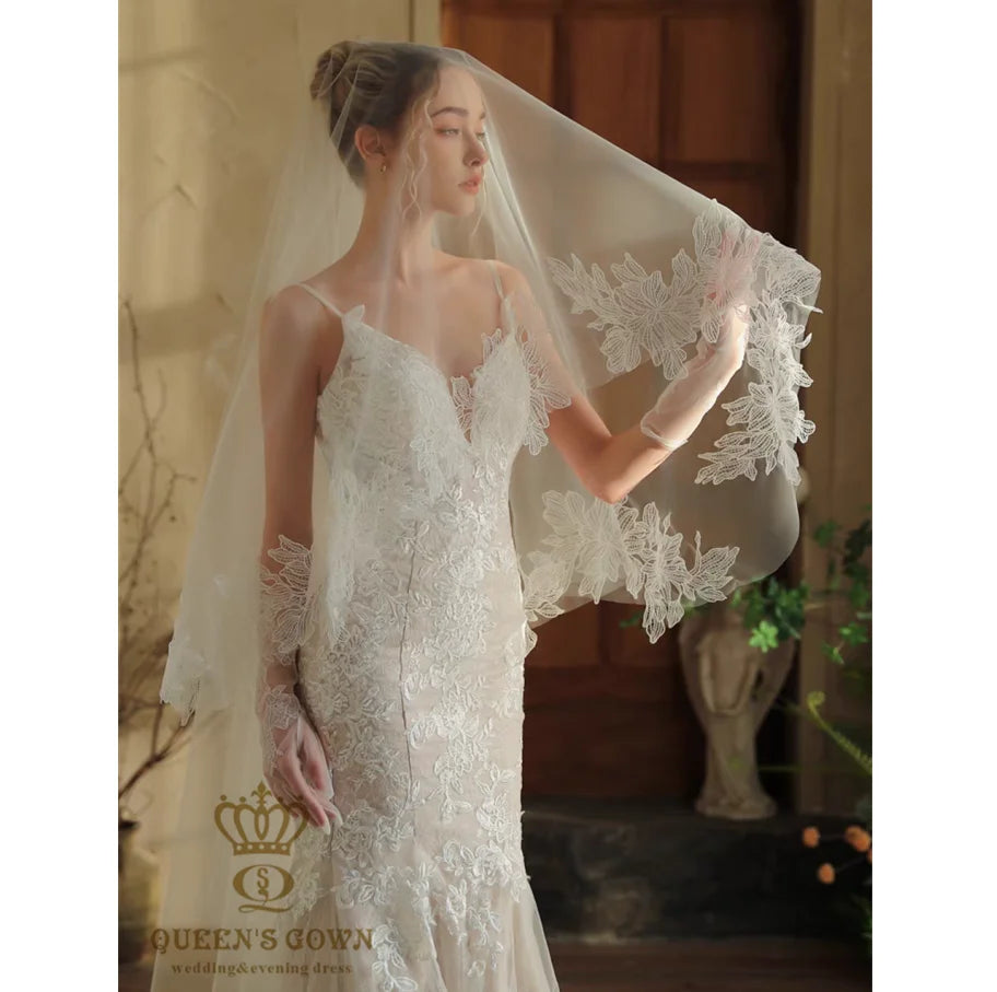 QUEENS GOWN Long Train Wedding Veil Delicate Floral Embroidered Lace and Soft Mesh Bridal Veil Without Comb