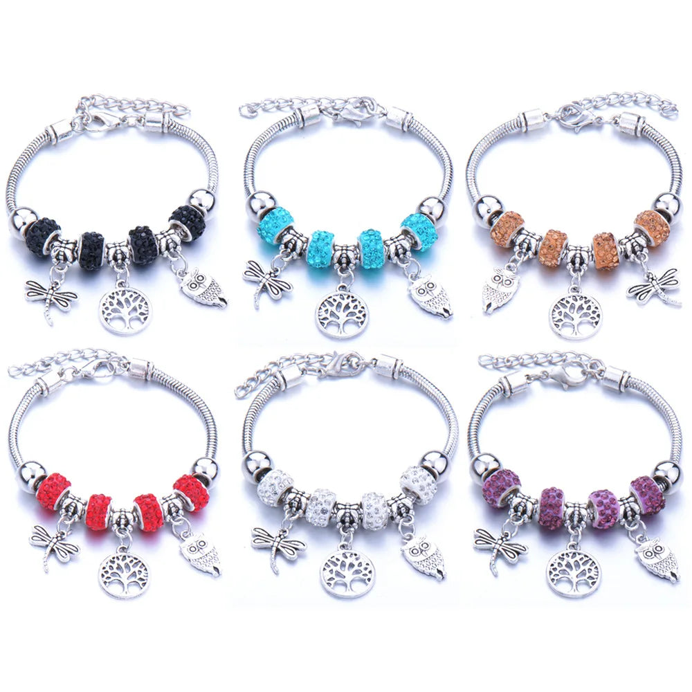 New Design Tree of Life Pendant Alloy Bangle Crystal Beads Bracelet Stainless Steel Charm Women Jewelry Gift Beaded Bracelets