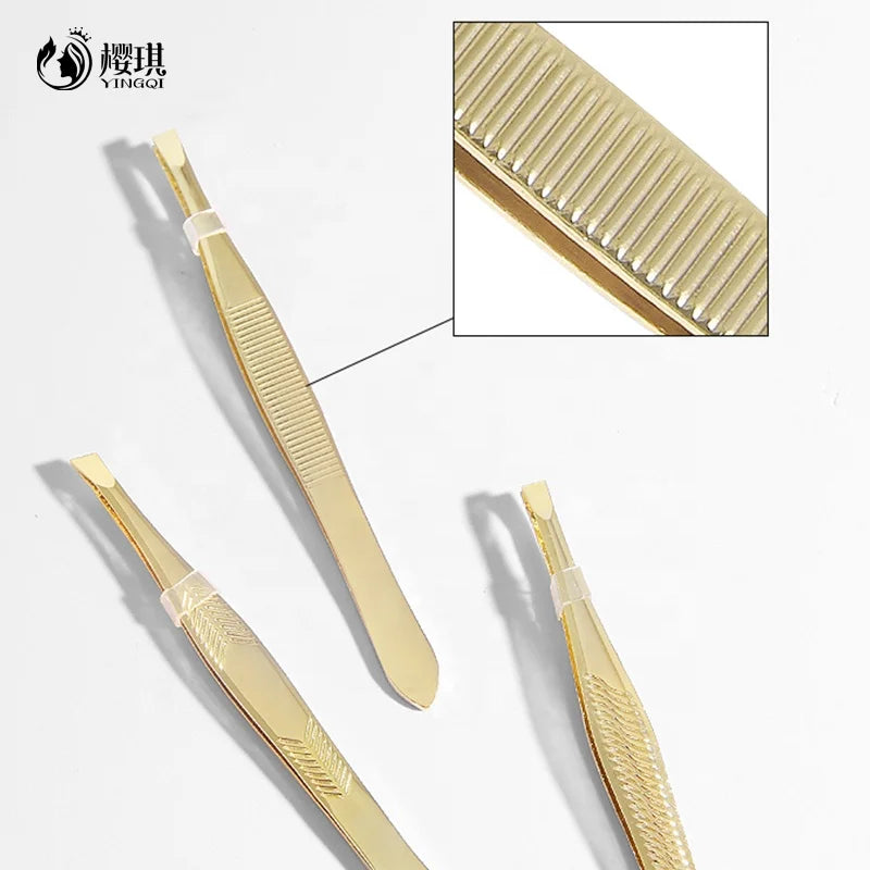 Professional Stainless Steel Slanted Tip Tweezers Half Gold Chrome Plated for Eyebrow and Hair Removal Beauty Tool