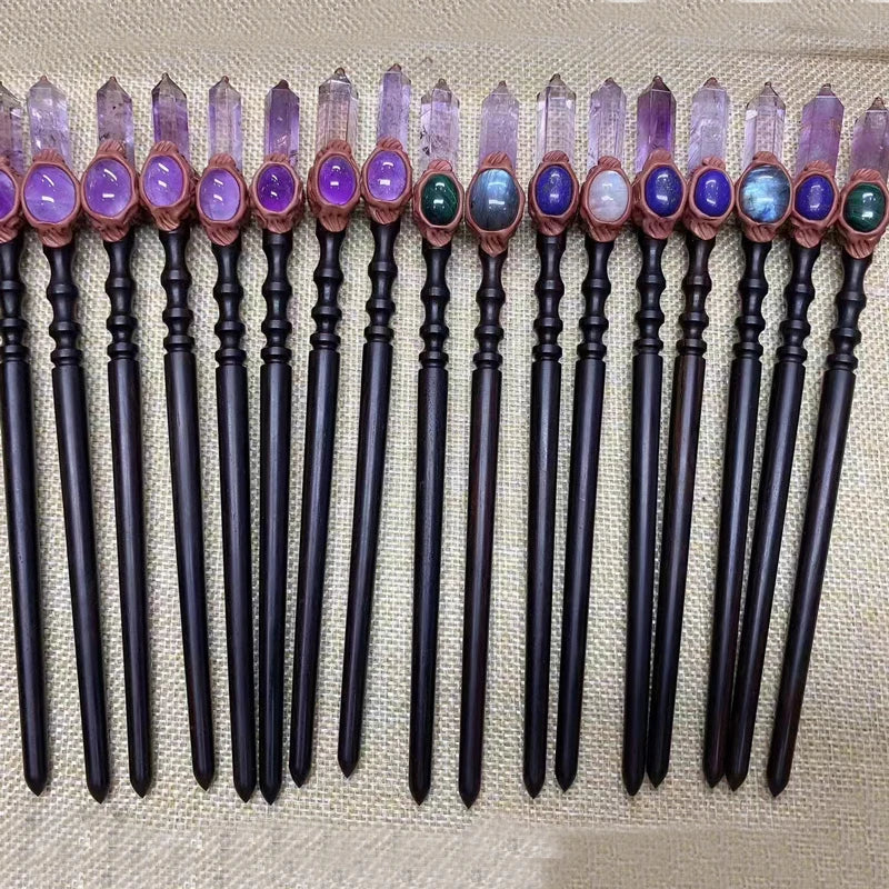 New Arrival Ebony Wooden Hairpin with Natural Healing Quartz Amethyst Point Clear Crystal Material