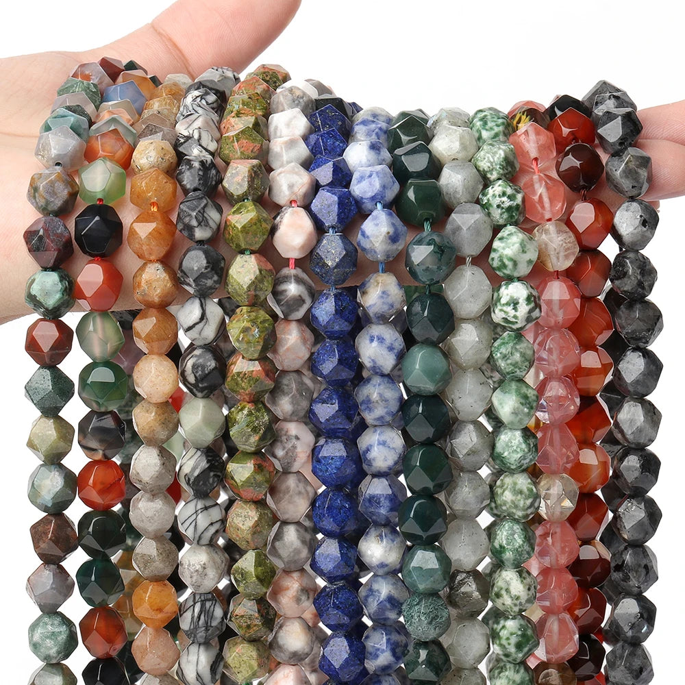 Natural Semi Gemstone 6/8/10MM Star Cut Faceted Labradorite/Rose Quartz/Opal/Howlite/Agate Loose Beads for Jewelry Making DIY
