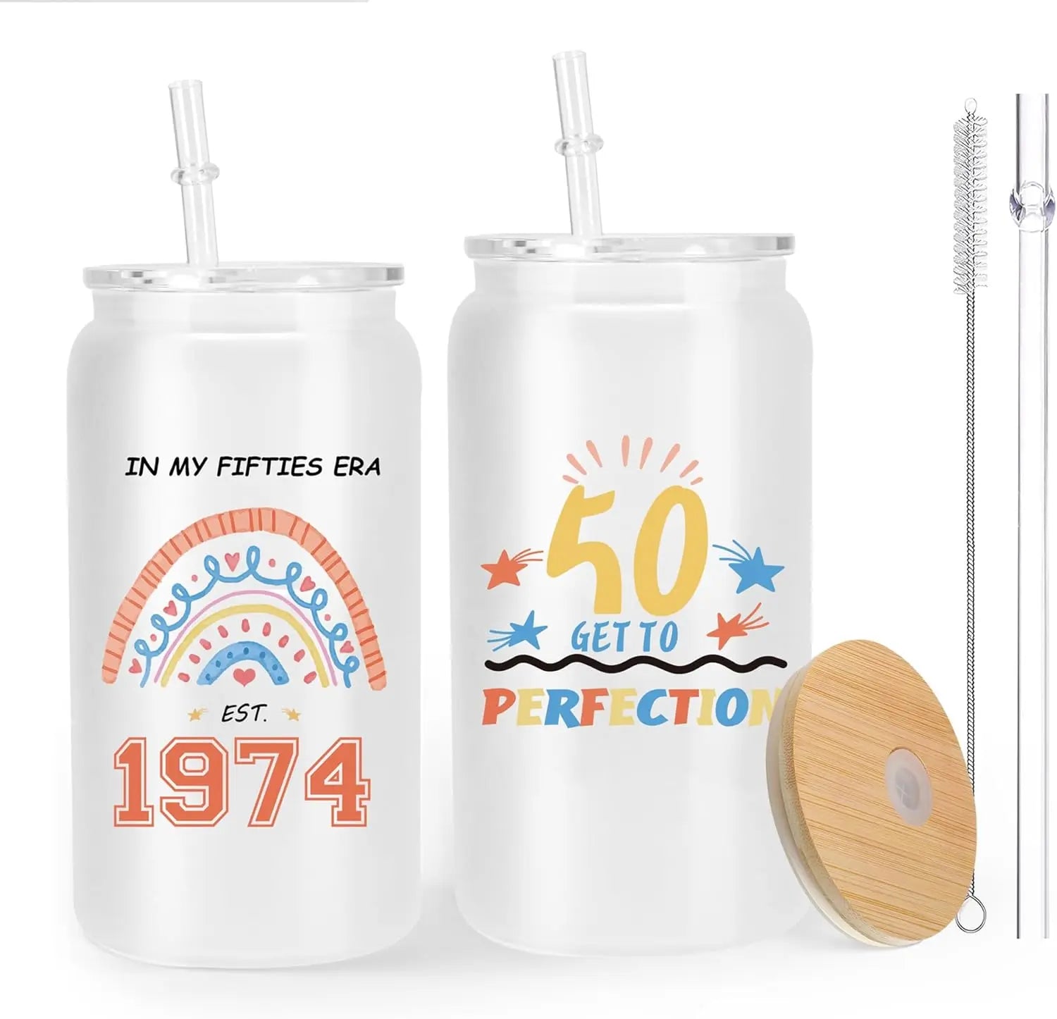 1974 Frosted Glass Cup with Lid and Straw Beer Can Mason Jar Mugs Best Cool 50th Birthday Gifts for Her Him