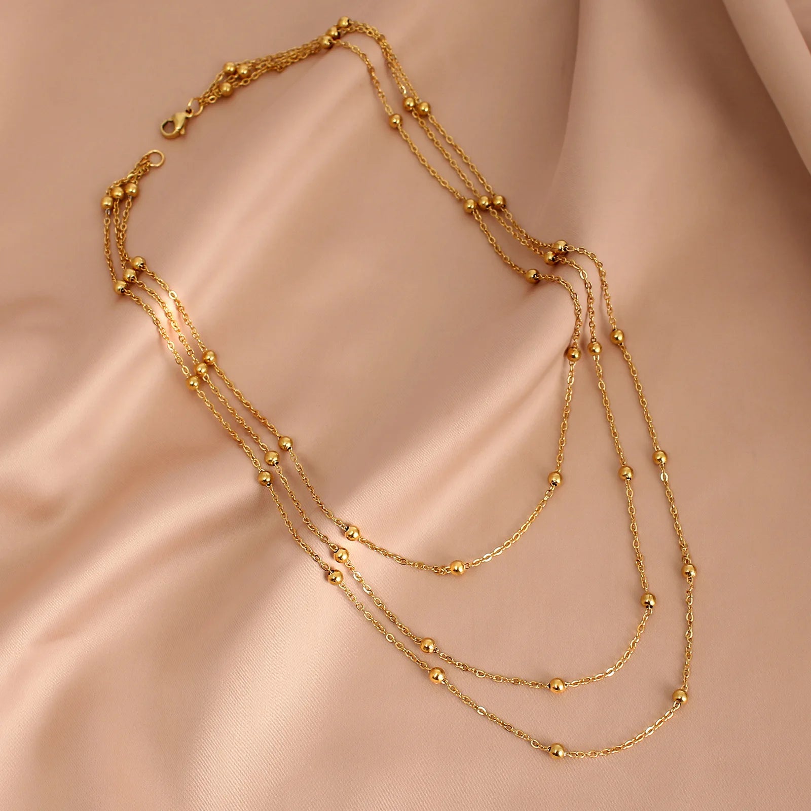 Fashion Simple  Stainless Steel 18K Gold Plated Three Layer Chain Necklace  for Women