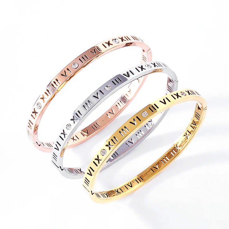 Personality Custom Gold Plated Stainless Steel Bangle Roman Numerals Bracelet