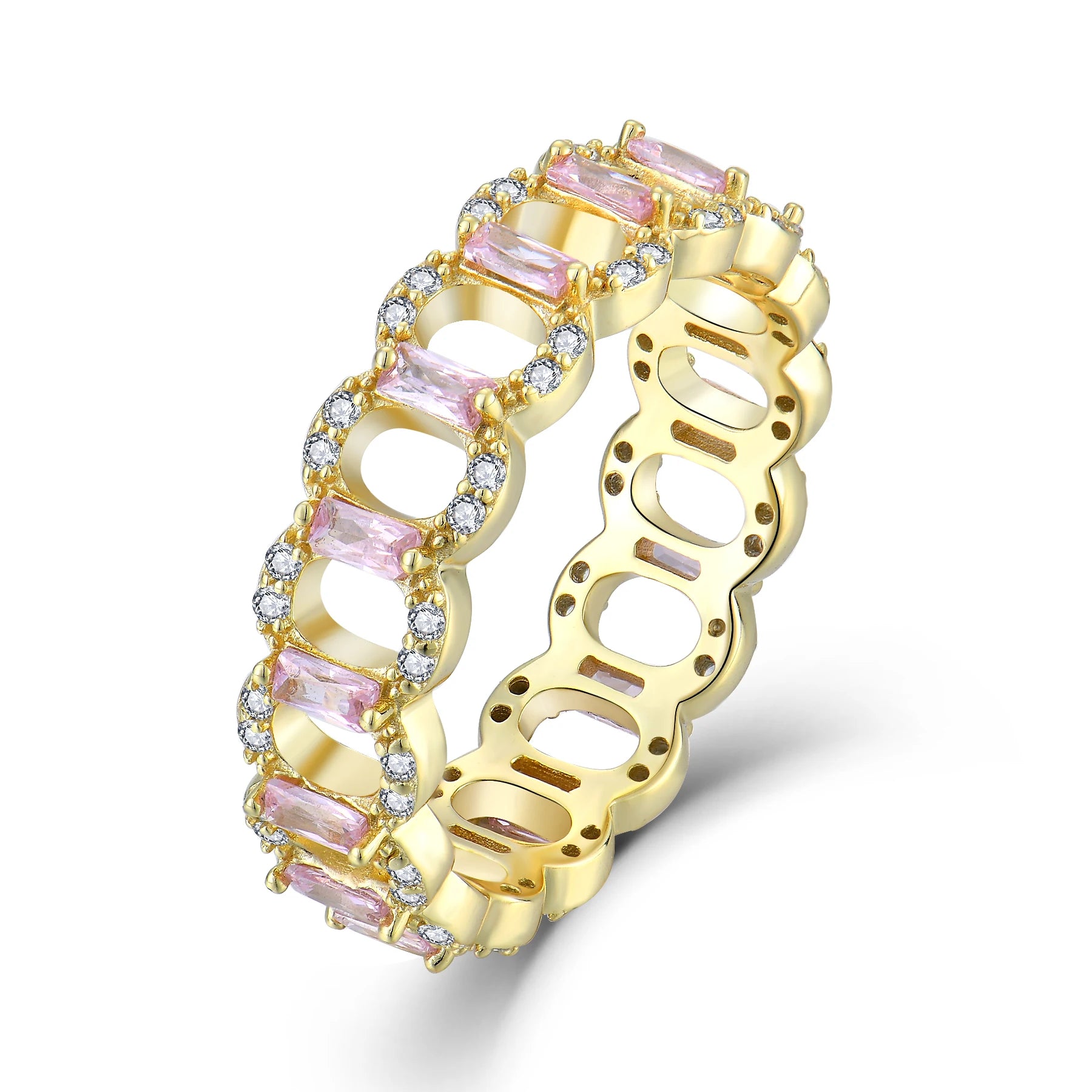 Wholesale 925 Sterling Silver Luxury Fine Jewelry 18K Solid Gold Chain Link Statement Ring Women with Pink CZ