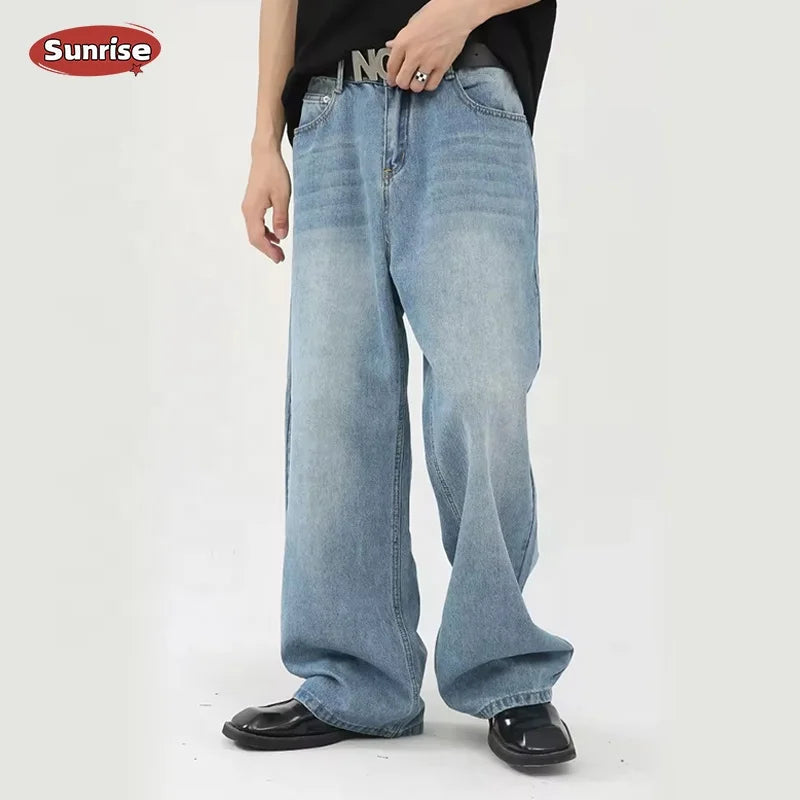 Mens Jeans Custom Denim Streetstyle Oversized Unisex Biker Loose Baggy Jeans Pants Men Straight Blue Wide Leg Jeans