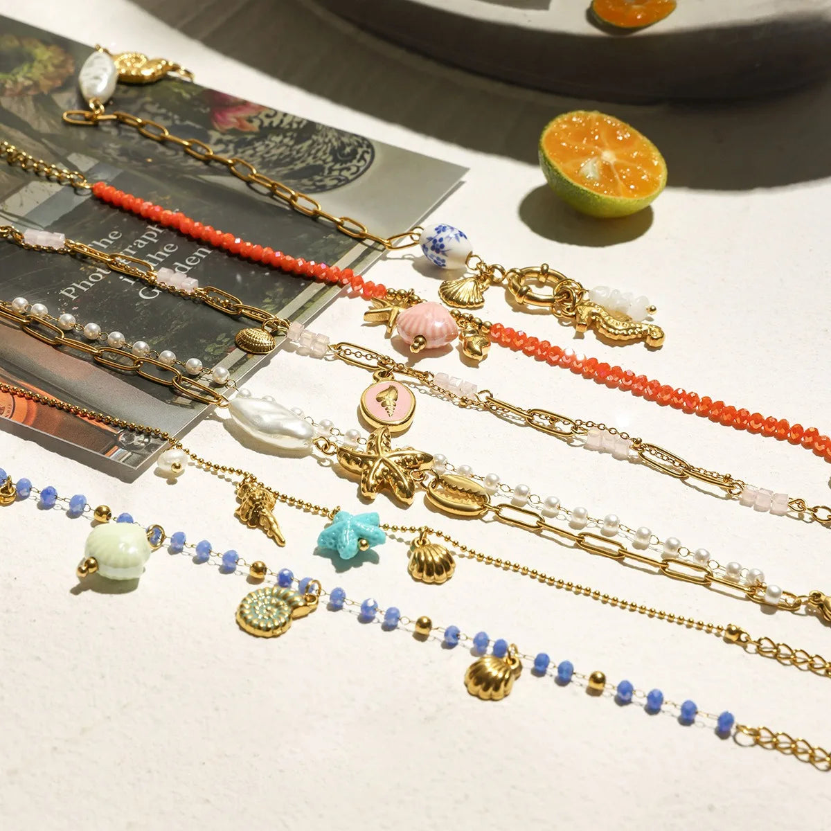 2025 Chic Summer DIY Shell Starfish Conch Pearl Charms Bracelet Waterproof Stainless Steel 18K Gold Plated Fashion Bracelets