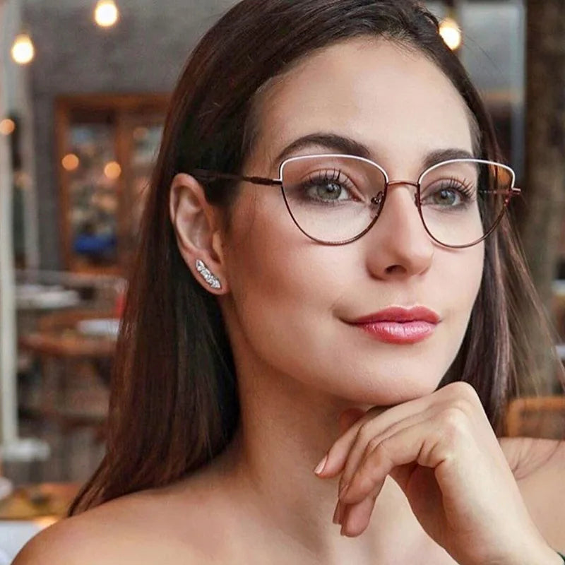 Lmamba Retro Trend Metal Cat Ear Glasses Womens Art Glasses Frame Can Be Equipped with Myopia Blue Ray Glasses