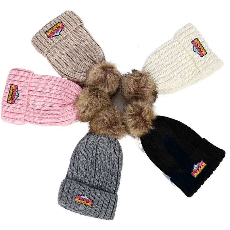 Wholesale Custom Brand Logo Unisex Wool Pom Caps Warm Knit Winter Beanie Hats With Fuzzy Ball