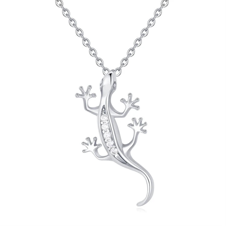 Trendy Gecko Animal Women Necklace 925 Sterling Silver Lizard Pendant Necklace