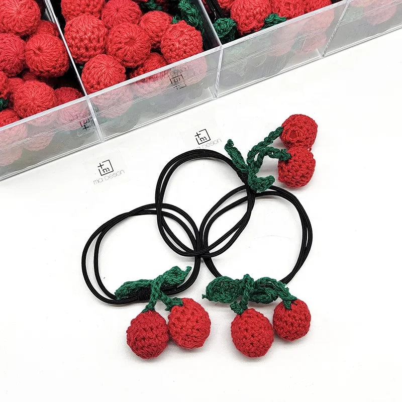 MIO  Crochet Red Cherry Hair Tie New Year Elastic Hair Bands Cotton Christmas Hair Elastic Scrunchies  for Kids Girls Handmade