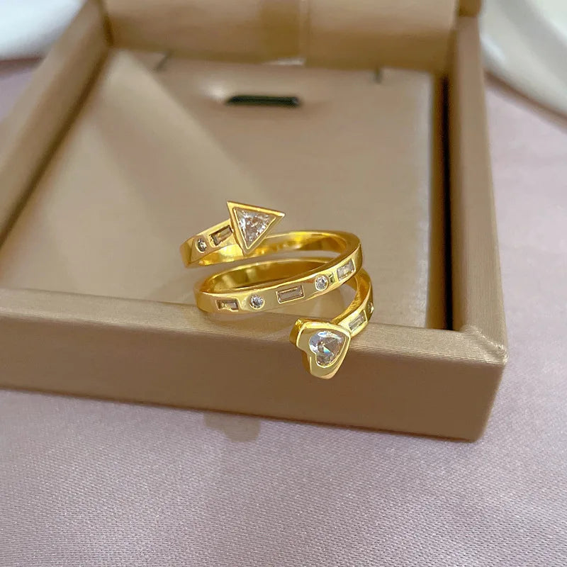 New 18k Gold Plated Double Layer Zircon Diamond Inlaid Light Luxury Open Adjustable Rings for Women Wedding Engagement Ring