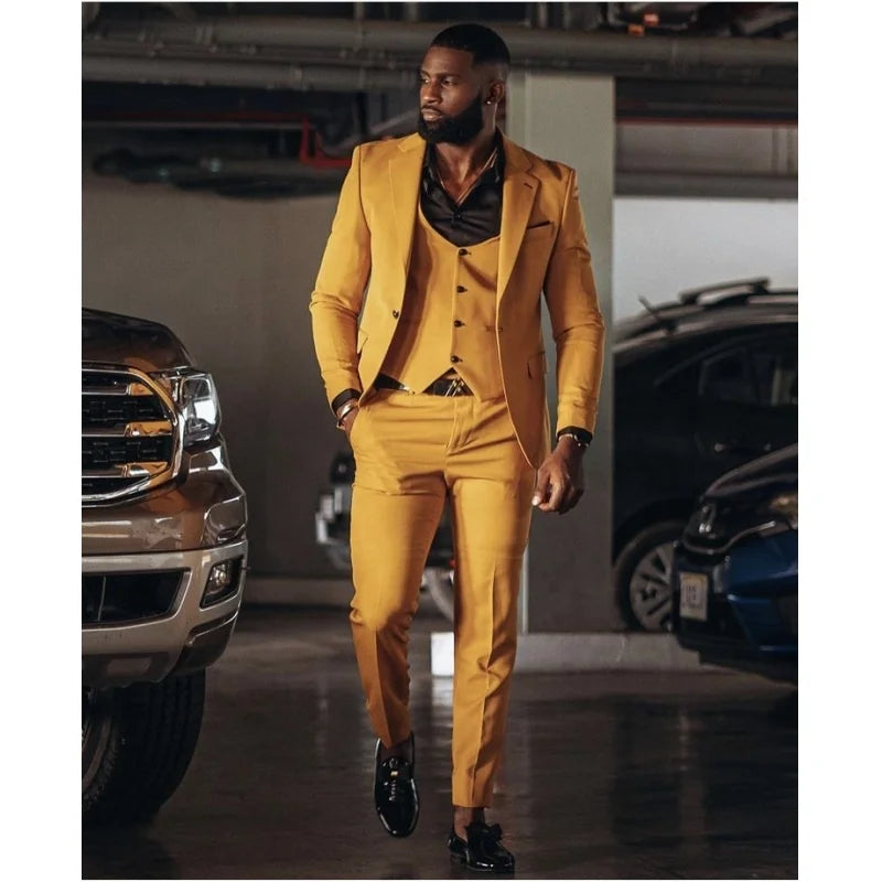 Latest Fashion Gold Men Suits 3 Pieces Street Style Formal Blazer Man Tuxedos Wedding Groom Men Suit(Jacket+Vest+Pant)